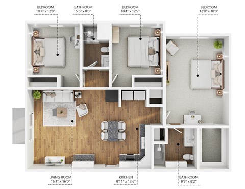 Floor plan for 3 beds, 2 baths, 1225 sqft